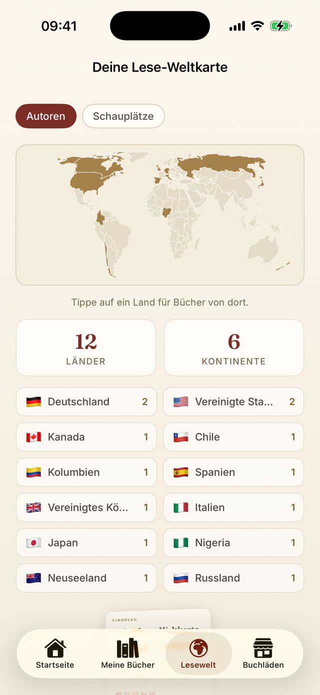 App-Screenshot: Deine Lese-Weltkarte mit golden gefärbten Ländern.