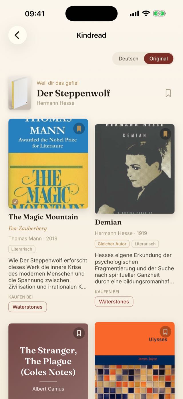 App-Screenshot: Empfehlungen zu „Der Steppenwolf“ mit Begründung.
