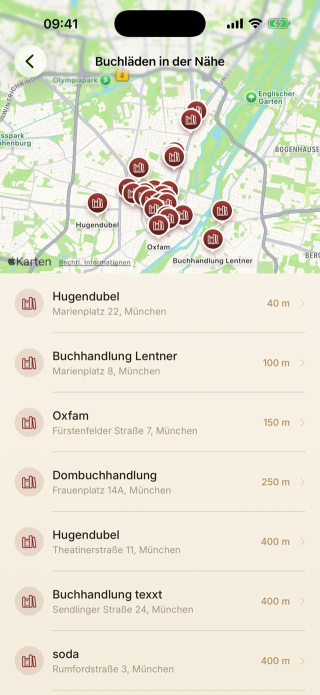 App-Screenshot: Buchläden in der Nähe auf der Karte.