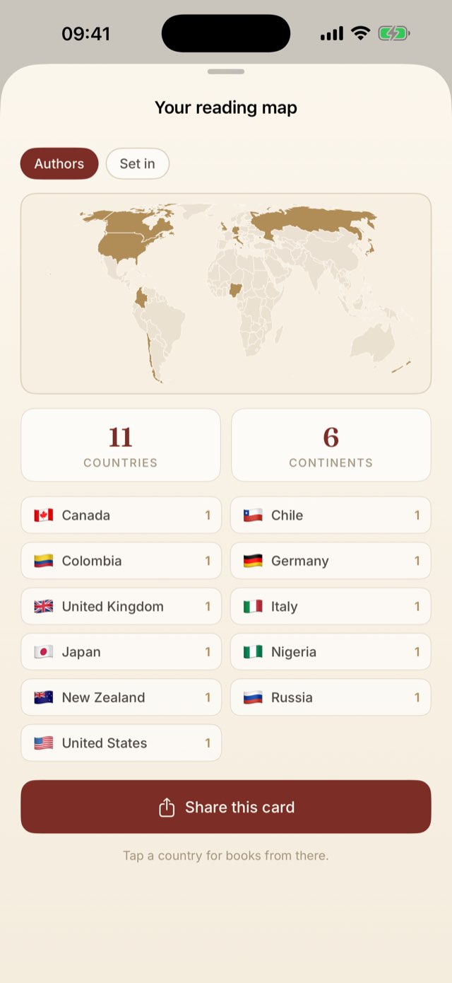App screenshot: your reading map with countries coloured gold.