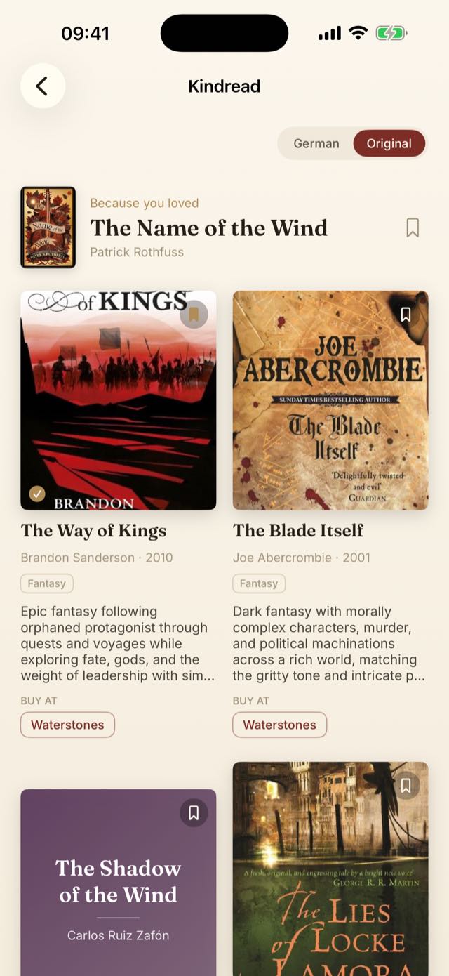 App screenshot: recommendations with the reason why each one fits.
