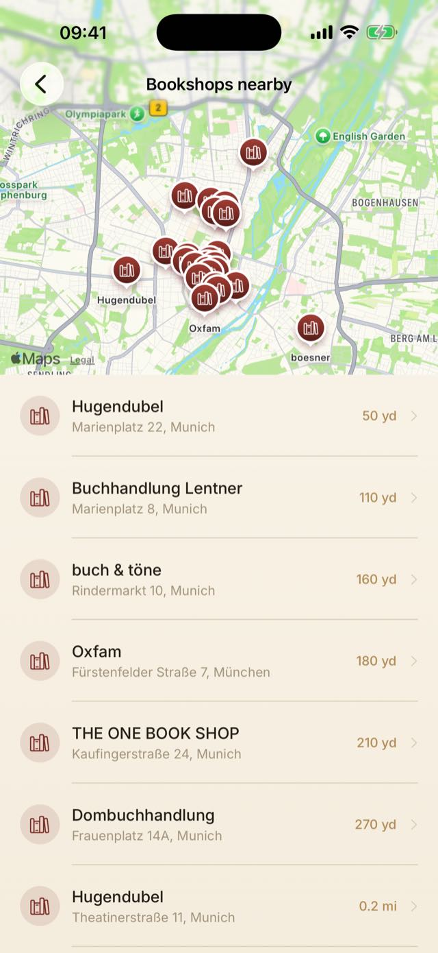 App screenshot: bookshops nearby on the map.