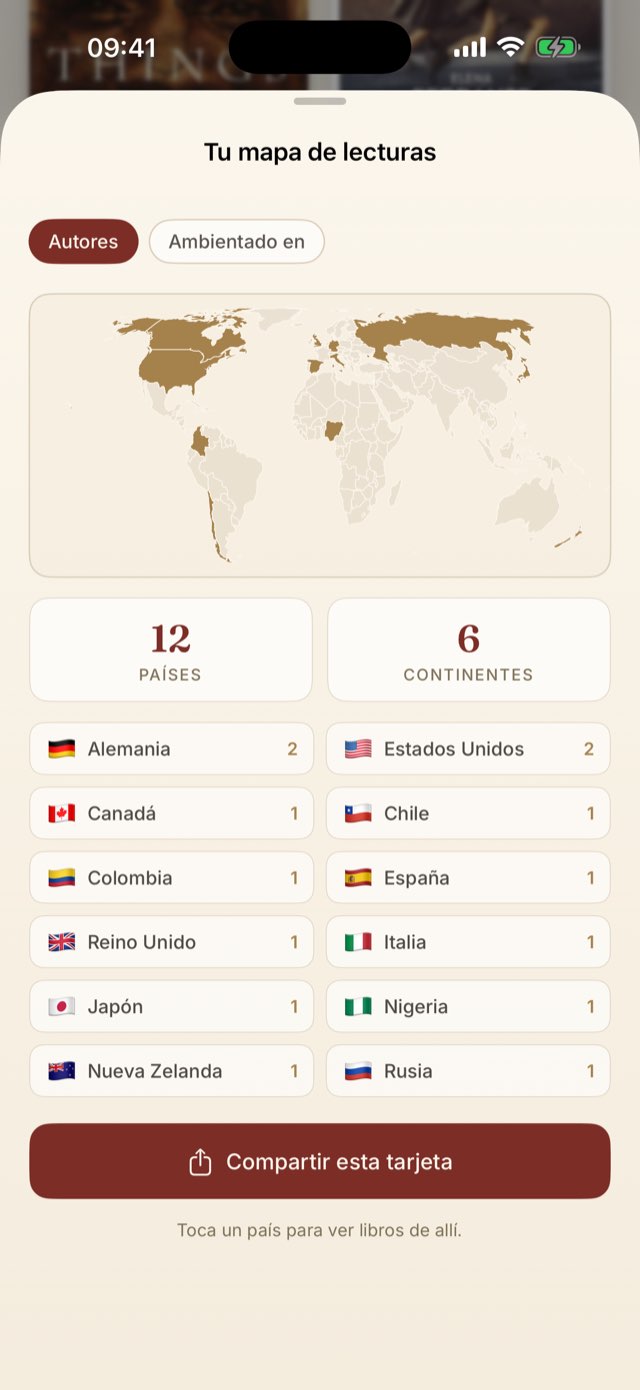 Captura de la app: tu mapa de lecturas con países teñidos de dorado.