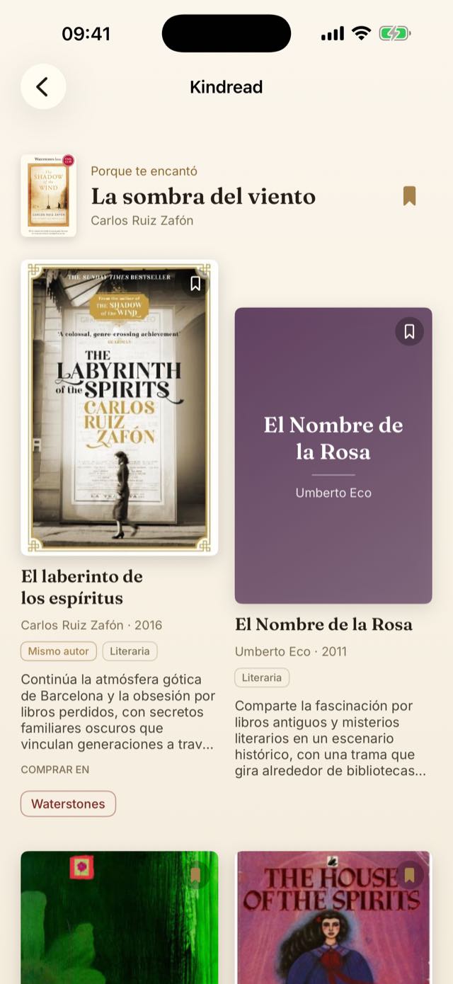 Captura de la app: recomendaciones con la razón por la que encajan.