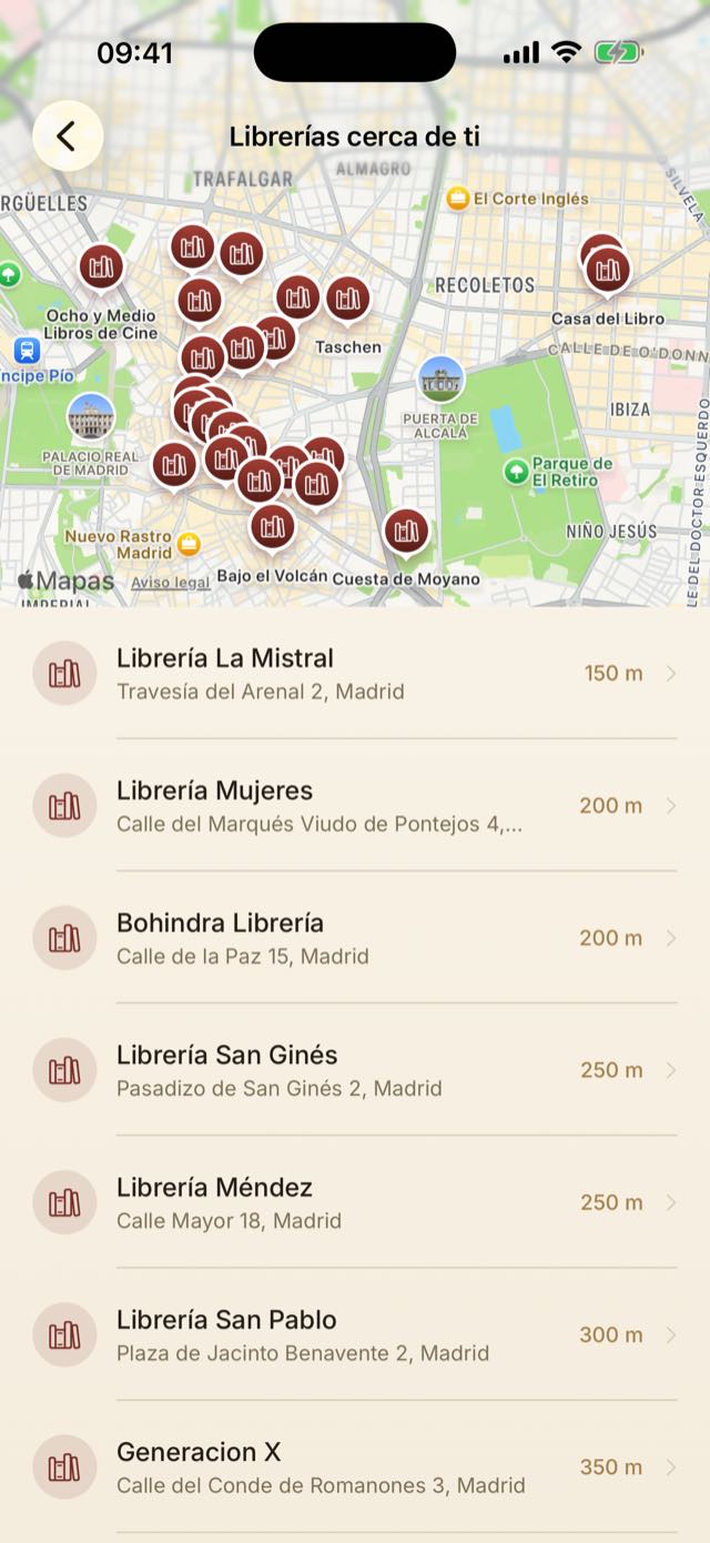 Captura de la app: librerías cercanas en el mapa.